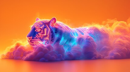 A 3D render of a colorful cloud with glowing neon in the shape of a fierce tiger - obrazy, fototapety, plakaty