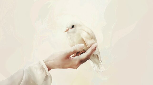Tranquil Bird Nestled in Human Hands, Illustration of Serenity