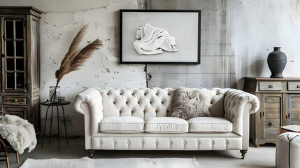White tufted sofa and art poster on a concrete wall next to a rustic cabinet. Modern living room interior design - obrazy, fototapety, plakaty