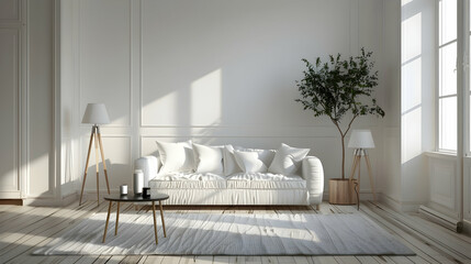 White sofa with hardwood floors. Modern living room interior design inspired by Scandinavian minimalism.