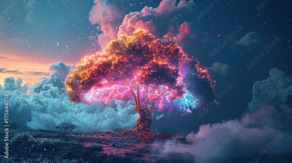 Poster a 3d render of a colorful cloud with glowing neon, symbolizing the interconnectedness of all things