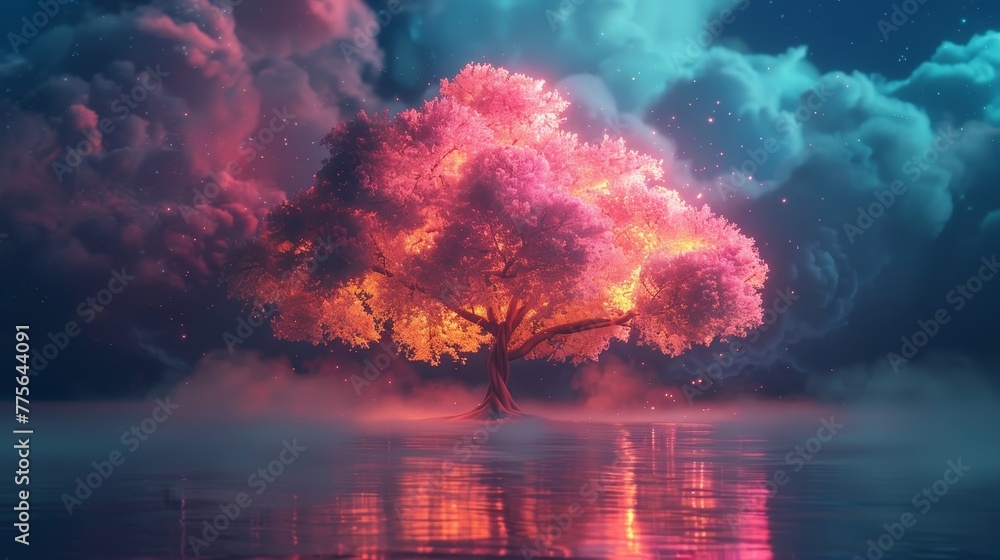 Poster a 3d render of a colorful cloud with glowing neon, symbolizing the interconnectedness of all things
