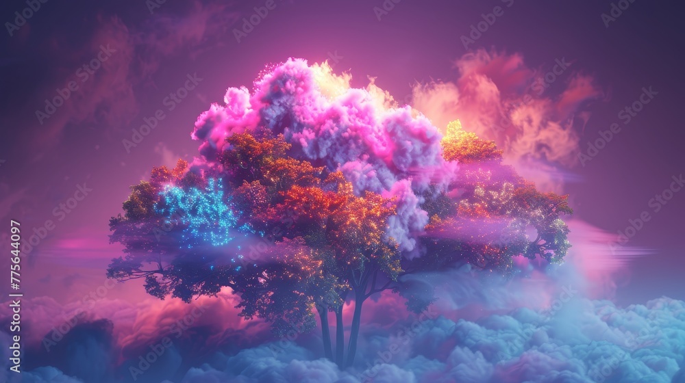Poster a 3d render of a colorful cloud with glowing neon, symbolizing the power of regeneration