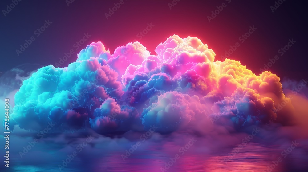 Poster a 3d render of a colorful cloud with glowing neon, symbolizing the harmony of elements