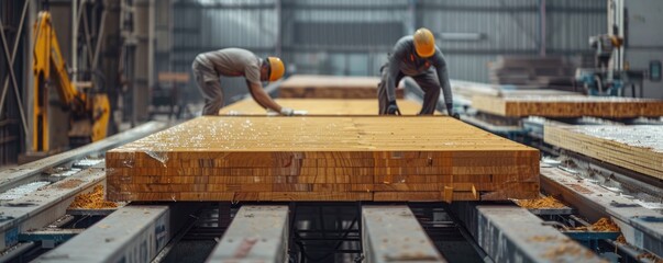 Two carpenters working together in an industrial wood factory, focusing on precision in craftsmanship