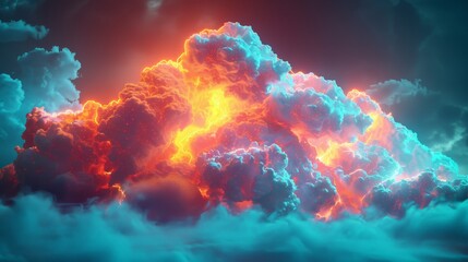 A 3D render of a colorful cloud with glowing neon, representing the duality of nature and technology