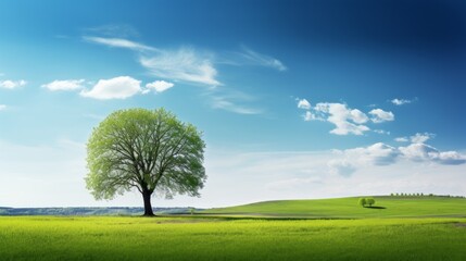 Fototapeta na wymiar Green field tree and blue sky great as a background web banner