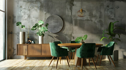 With green chairs and a circular wooden dining table set against a tall sideboard and a concrete wall. Modern dining room interior design from a mid-century residence.