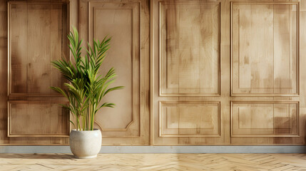 Wood panelling, a beige stucco wall with copy space, and a pot with grass make up the inside background of the room.