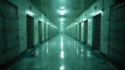 A dimly lit corridor with many cells for high-risk criminals in a maximum-security prison. The concept of law, justice and serious offenses