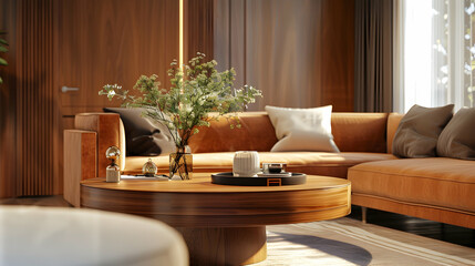 Fototapeta premium Wooden coffee table and two velvet sofas. Interior design of modern living room