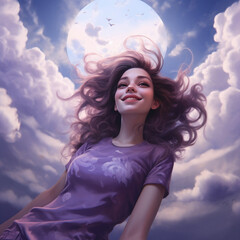 Gentle smile among the clouds, under a soft purple sky, serene mood, fish-eye lens, unique hyper-realistic illustrations - obrazy, fototapety, plakaty