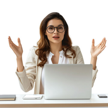  A businesswoman conducting a virtual seminar, her image crisp and professional against a transparent background .png