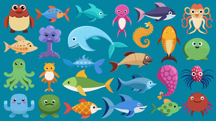 Set Of Colorful Sea Animals Icons, Vibrant Sea Creatures Set