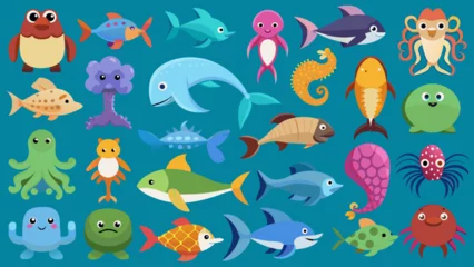 Afwasbaar Fotobehang In de zee Set Of Colorful Sea Animals Icons, Vibrant Sea Creatures Set