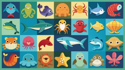 Cercles muraux Vie marine Set Of Colorful Sea Animals Icons, Vibrant Sea Creatures Set