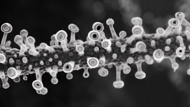 An electron microscope image of a filament of cyanobacteria revealing a chain of individual cells tightly connected together. The . AI generation.