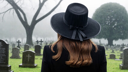 Back view of a young woman in black clothes looking at a cemetery on a rainy day
