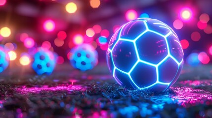 A 3D render of glowing neon soccer ball - obrazy, fototapety, plakaty