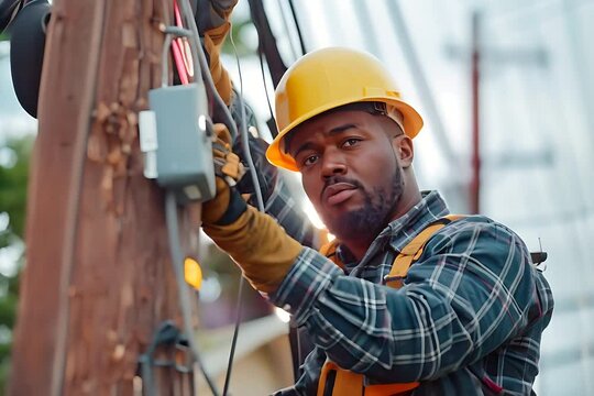 Video of African American man electrician working on a telephone pole working diligently to restore power lines. 