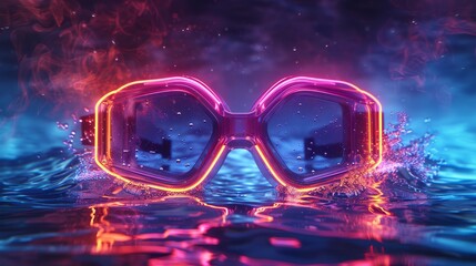 A 3D render of glowing neon swimming goggles symbol