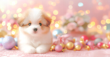 Fototapeta na wymiar Lovely cute puppy with Christmas background pastel colour & Christmas decorate light bokeh
