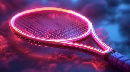 A 3D render of glowing neon tennis racket symbol