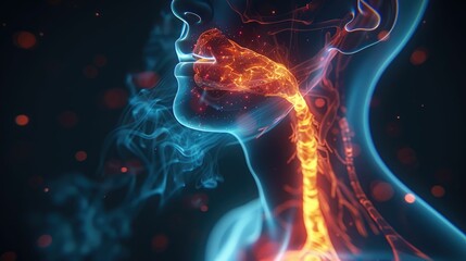 The silent battle of Laryngopharyngeal reflux, shown in a 3D, highlighting throat care and symptoms - obrazy, fototapety, plakaty