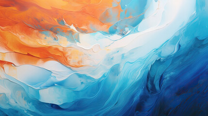 Fototapeta na wymiar An abstract expressionist background with intense swirls and dynamic waves in a vivid combination of blue and orange, a sense of depth and motion Ai Generative