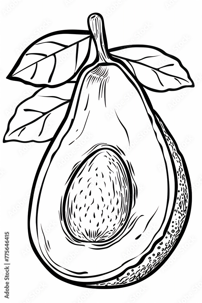 Sticker Coloring Pages of avocado split open with seed an leaves