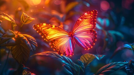 A luminous neon butterfly fluttering in a surreal jungle