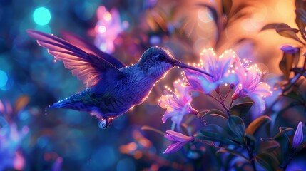 A luminous neon hummingbird sipping nectar from a glowing flower in a garden - obrazy, fototapety, plakaty