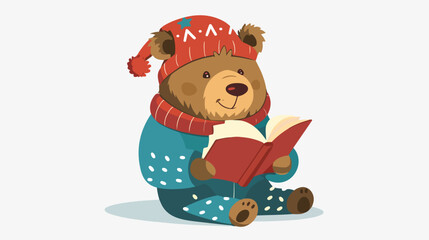 Little bear in winter clothes reading a book