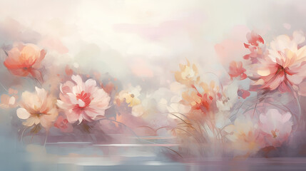 An abstract floral scene using soft brush strokes and muted colors, an impressionistic and dreamy floral atmosphere Ai Generative - obrazy, fototapety, plakaty