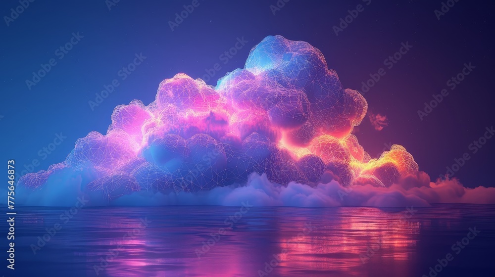Poster a surreal 3d render of a neon-lit cloud with geometric patterns, against a backdrop of deep blue
