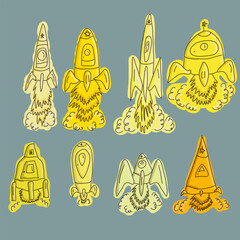 Set of space rockets. Hand drawing. Vector illustration.