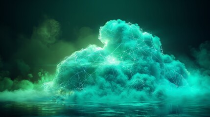 An artistic 3D render of a neon-lit cloud with geometric designs, against a backdrop of vibrant green