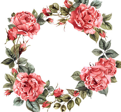 This lovely circle frame features pink watercolor roses and other flowers, perfect for special occasions like Valentine's Day or Mother's Day, serving as a beautiful image or backdrop.