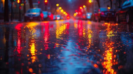 A blurry image of a city street with cars and a reflection of the lights on the wet pavement