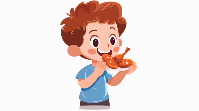 Little boy eating fried chicken Flat vector isolated