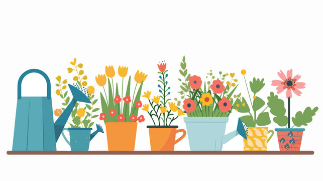 Flower room flower pots and watering can flat vector