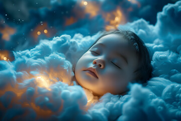 Adorable baby sleeping in clouds like little angel. newborn baby sleeping in clouds floating