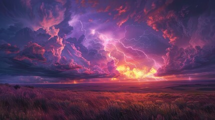 A beautiful, colorful sky with a stormy, dramatic look. The sky is filled with clouds and lightning bolts, creating a sense of awe and wonder. The scene is set in a vast, open field, with the clouds - obrazy, fototapety, plakaty