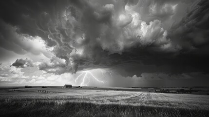 A black and white photo of a stormy sky with a lightning bolt. The sky is dark and ominous, and the lightning bolt is bright and powerful. Scene is tense and dramatic