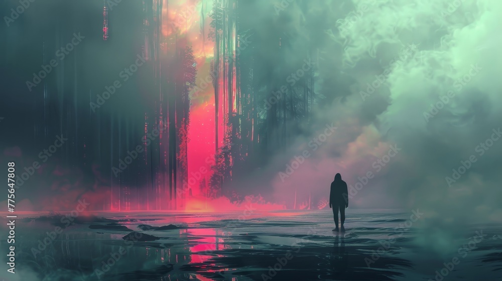 Poster a man is walking through a forest with a large building in the background. the sky is cloudy and the