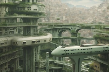 Futuristic Cityscape with Efficient Networked Infrastructure for Sustainable Urban Commuting in a Sci Fi Metropolis