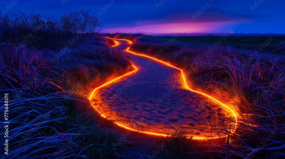Poster a long, winding path with a glowing orange line. the path is surrounded by grass and trees, and the 