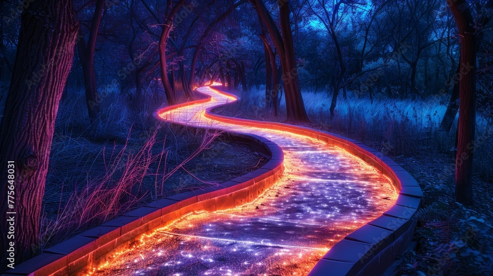 Poster a long, winding path with glowing lights and a dark, mysterious atmosphere. the path is surrounded b