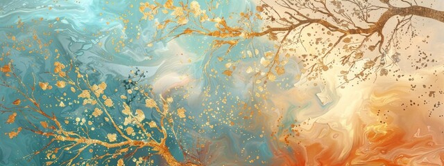 abstract tree branches with gold leaf, dark turquoise and orange background. elegant and luxurious, detailed foliage
