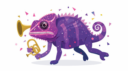 Purple chameleon walking with party trumpet vector 
